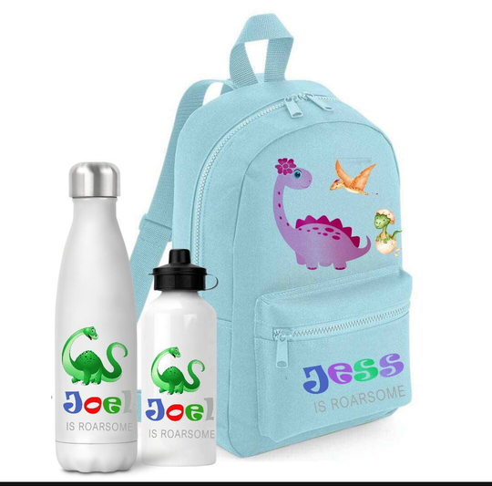 Personalised Children's Backpack, Dinosaur Preschool Bag & Water Bottle Set, Kids Nursery Rucksack School Bag, Pre Backpack