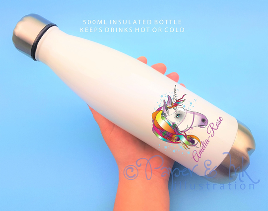 Personalised Water Bottle, Unicorn Print Gift, Drinks Container, Drink Flask, Rainbow Unicorns, Christmas Present, Back To School