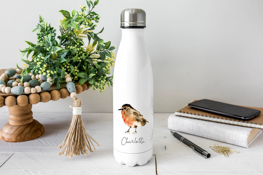 Personalised Robin Water Bottle , Gift Name Drinks Bowling Pin - Flask