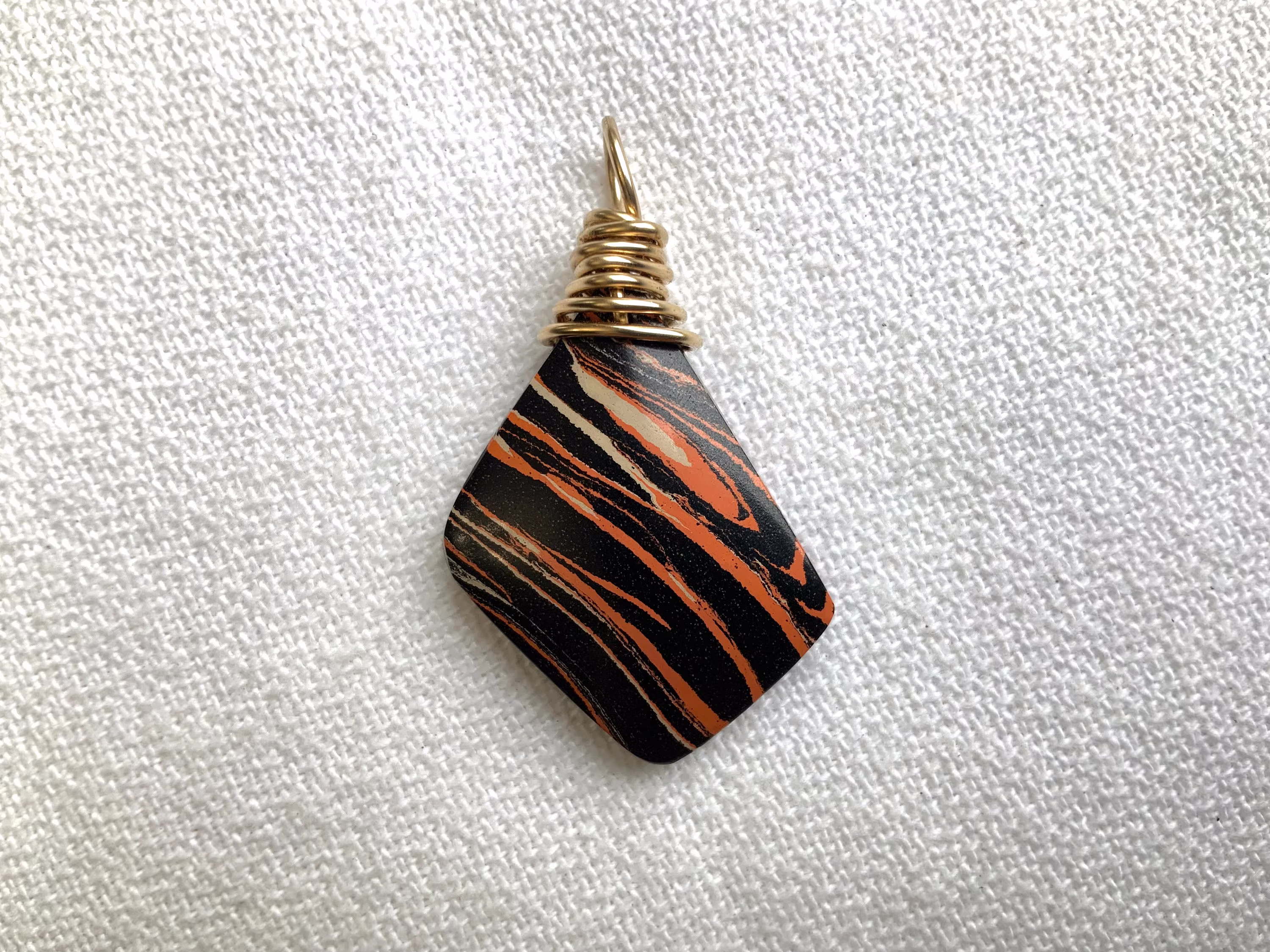 Bowlerite Pendant Gold Filled Wire Wrapped Bail Upcycled From Vintage Orange & Black Tiger Stripe Brunswick Mineralite Duckpin Bowling Ball