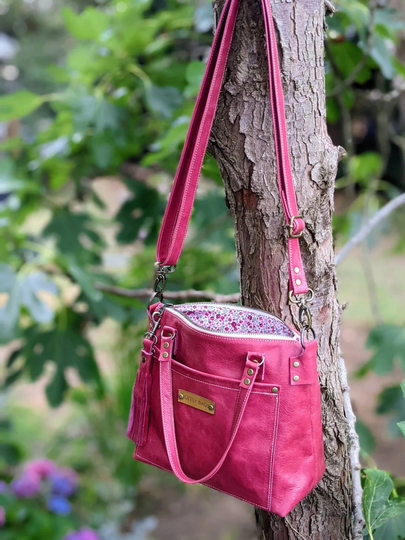 Pink Leather Bag, Ditsy Floral, Soft Pink Floral Short Handle Custom Orchid Leather, Bowling Bag