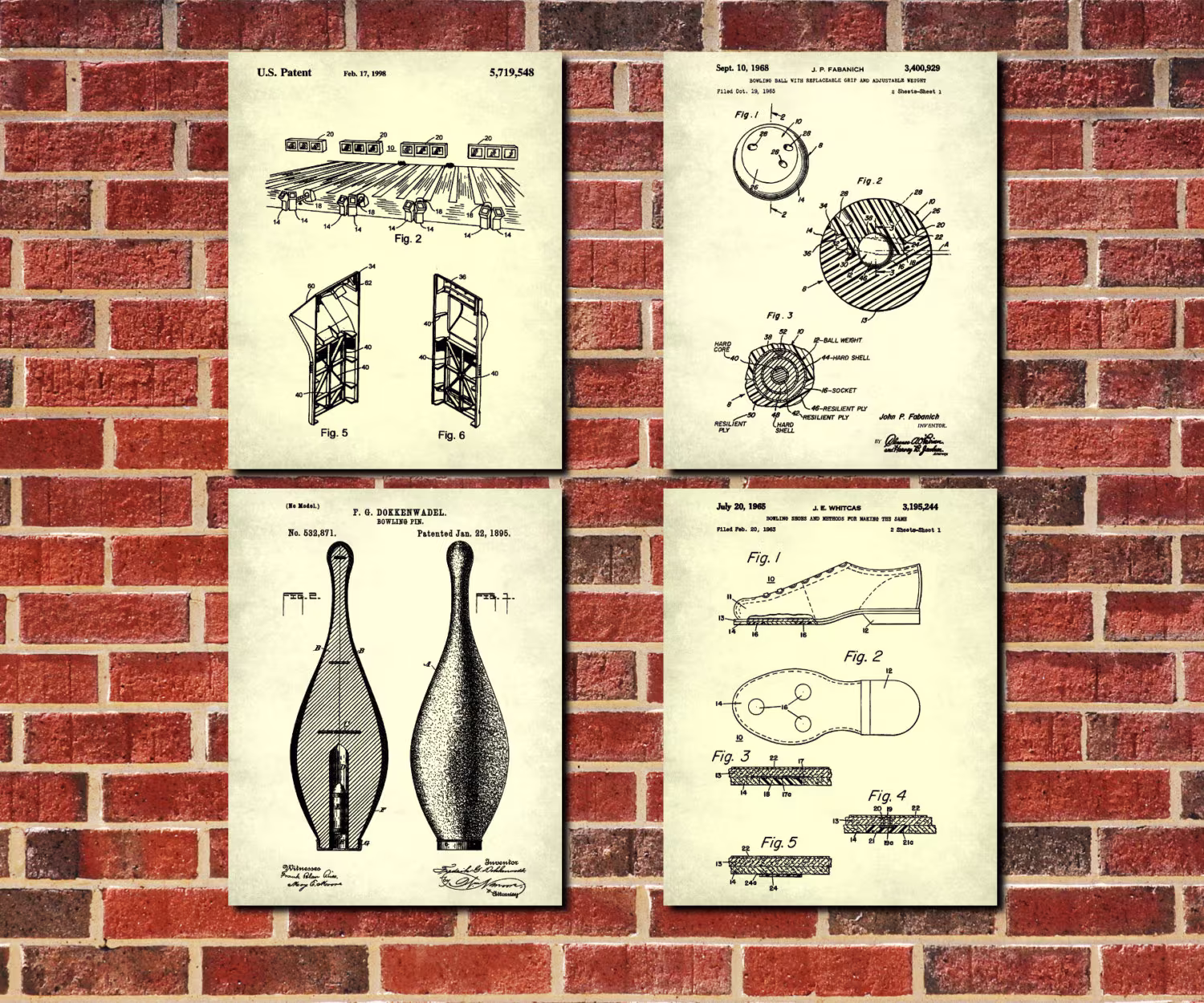 Bowling Patent Prints Set 4 Sports Posters Ten Pin Alley, Pins, Ball, Shoes