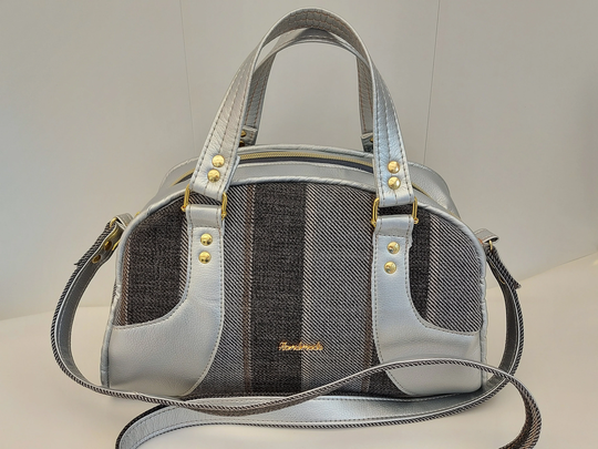 Crossbody & Top Handle Bowling Bag in Grey Stripe Silver Faux Leather, Handbag, Girls Bag, Girls Gift, Gift For Her, Retro Handbag, Vintage