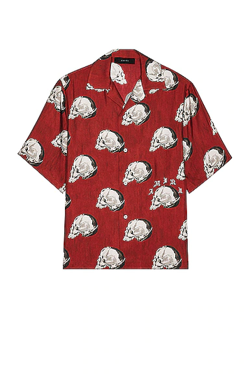 Amiri All Over Skull Bowling Shirt in Red - Red. Size L (also in S, M, XL, XXL).